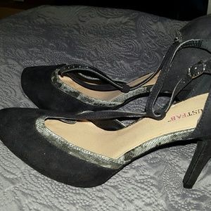 Black t strap with snakeskin details...